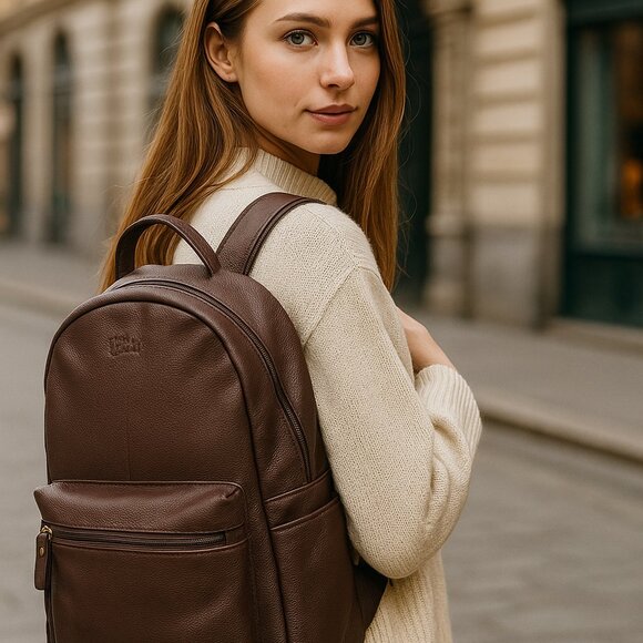 Genuine Leather Backpack,16" H Brown Travel Backpack for Women & Men | Daily Use - Picture 2 of 10